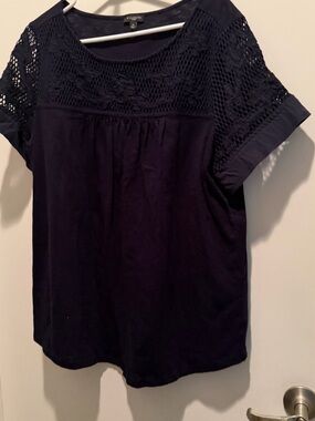 Talbots Navy Crochet Floral Yoke Blouse